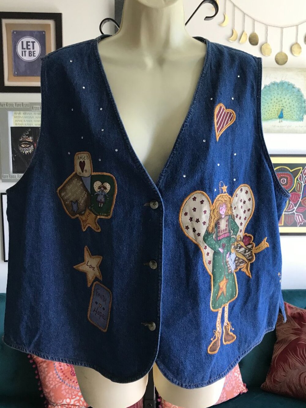 QUACKER FACTORY size 1X Blue Denim Angels Inspirational Cottagecore Vest Granny